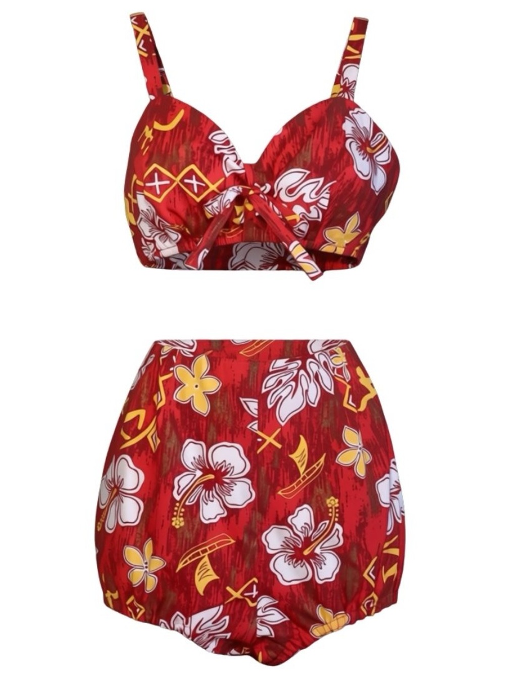 Vintage-Inspired Red Floral High-Waist Bikini Set